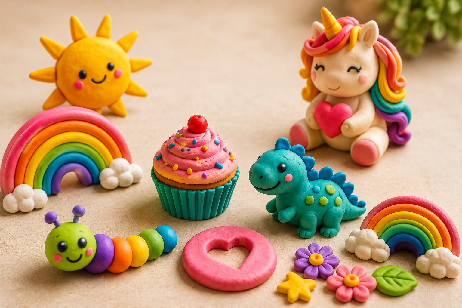 Handmade Doodle Dough playdough creations, sun, rainbow, unicorn, dinosaur and more
